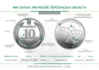 Ролик обігових пам’ятних монет «Ми сильні. Ми разом. Херсонська область» (у ролику 25 монет), 250 грн, 2026 — буклет, сторінка 2