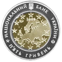 60 років Раді Європи, 5 грн (біметал), 2009 — аверс