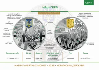 Набір із трьох срібних пам’ятних монет «Державні символи України» у футлярі, 30 грн, 2025 — буклет, сторінка 2
